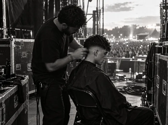 Black-and-white: a barber touches up a musician's fade backstage at a festival