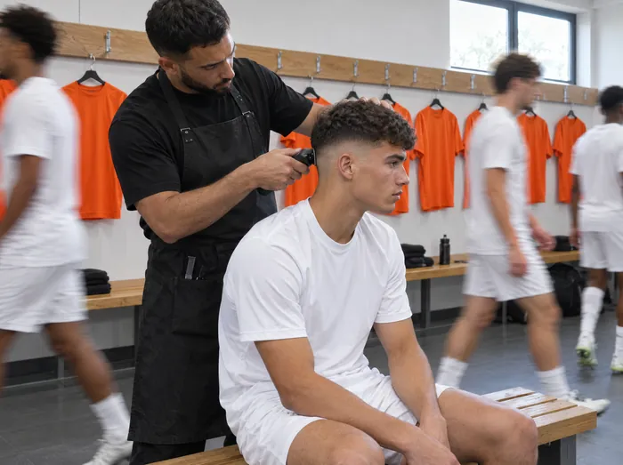A barber gives a young footballer a fade in a locker room, orange jerseys behind