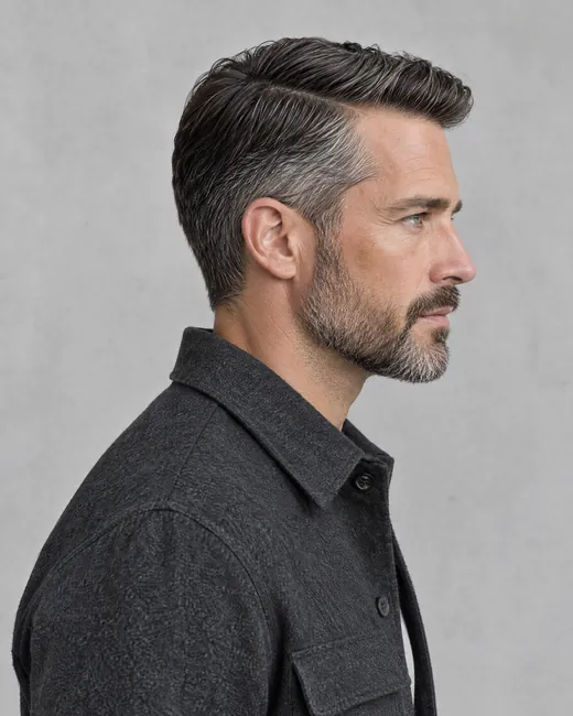 Classic side part, grey at the temples, shaped short beard