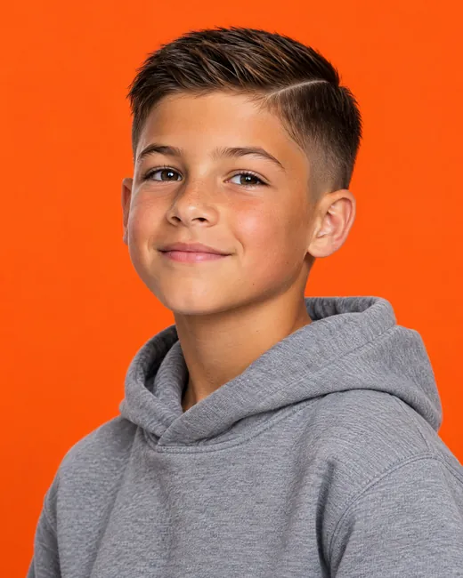 Kids' taper with a side-part line, orange backdrop