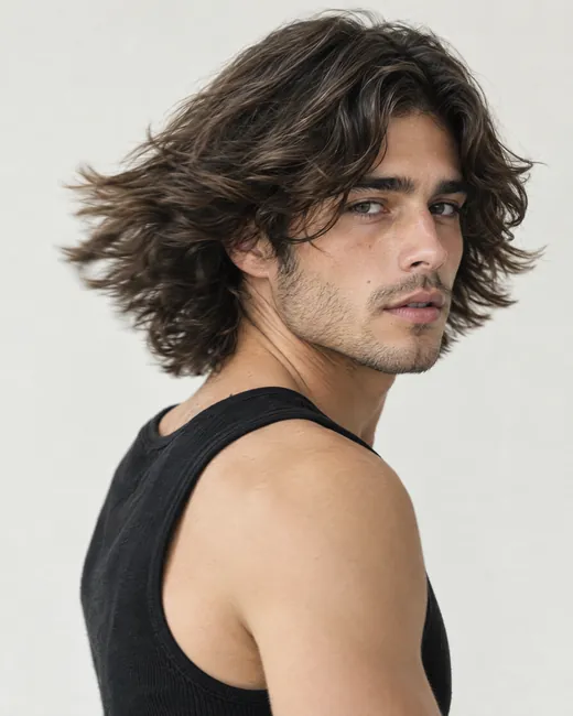 Modern shag, mid-swing, white backdrop