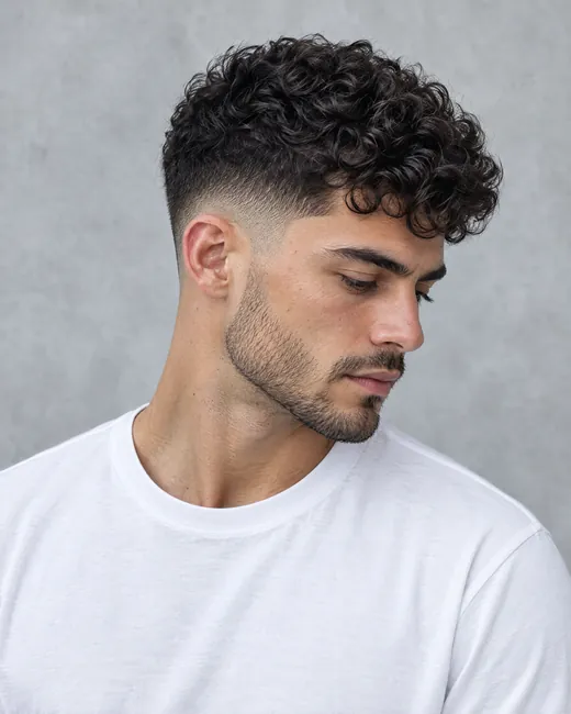 Low taper with curls on top and a stubble beard, grey backdrop