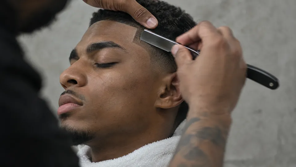 A barber's razor shaping a line-up on a client's temple, eyes closed