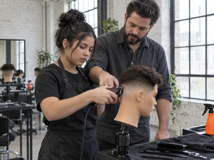 An instructor guides a student's hand on the clippers