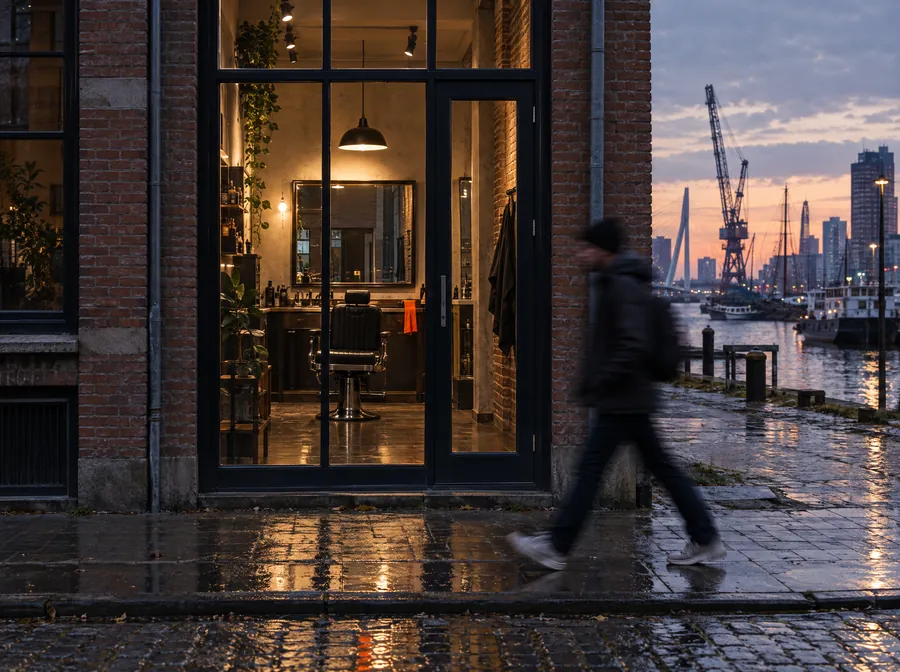 KNIP Katendrecht at dusk: a steel-framed shopfront in a brick harbour building, a chair glowing inside